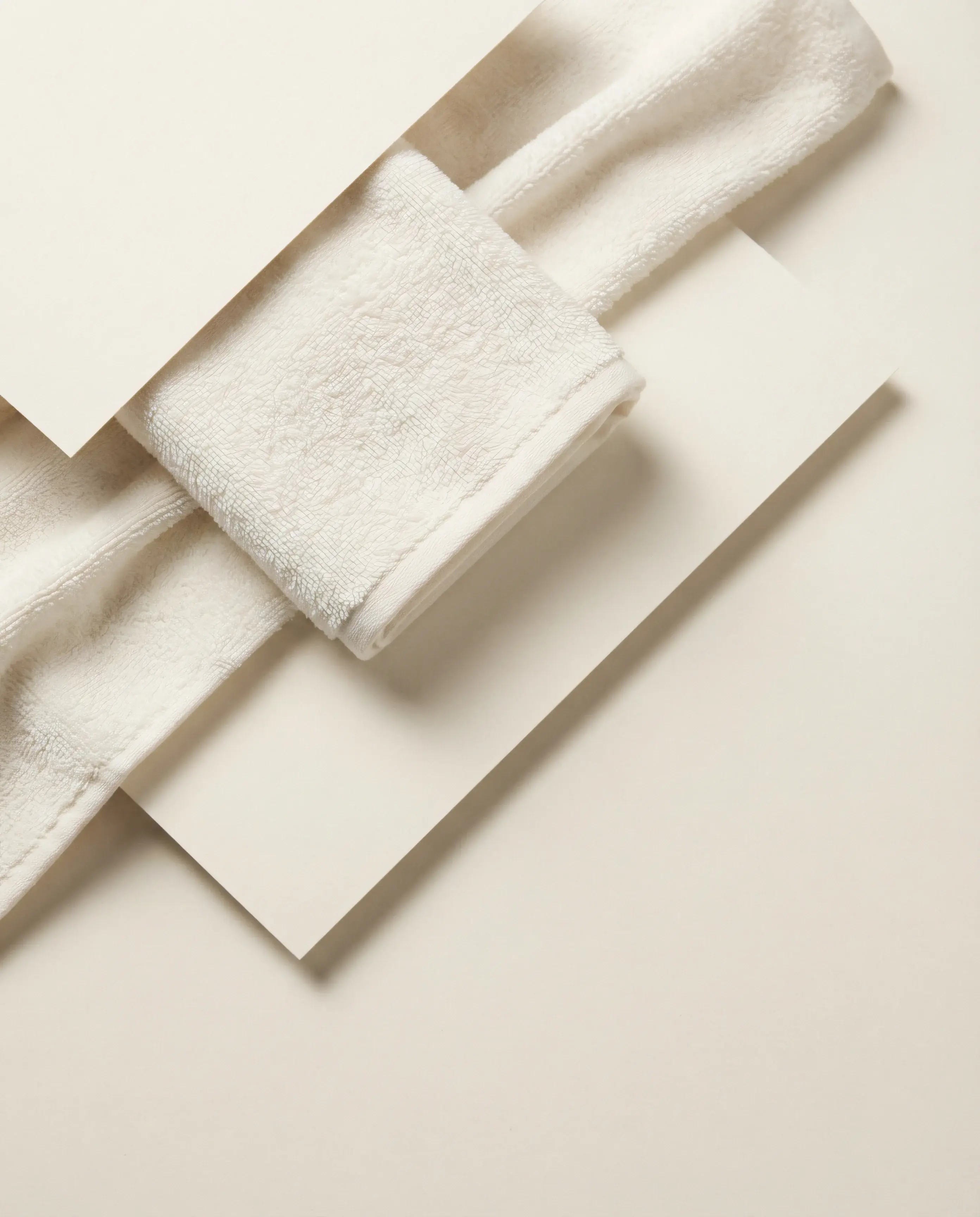 A folded white terry cloth towel resting on a second towel over pale card, showing the looped pile and woven border